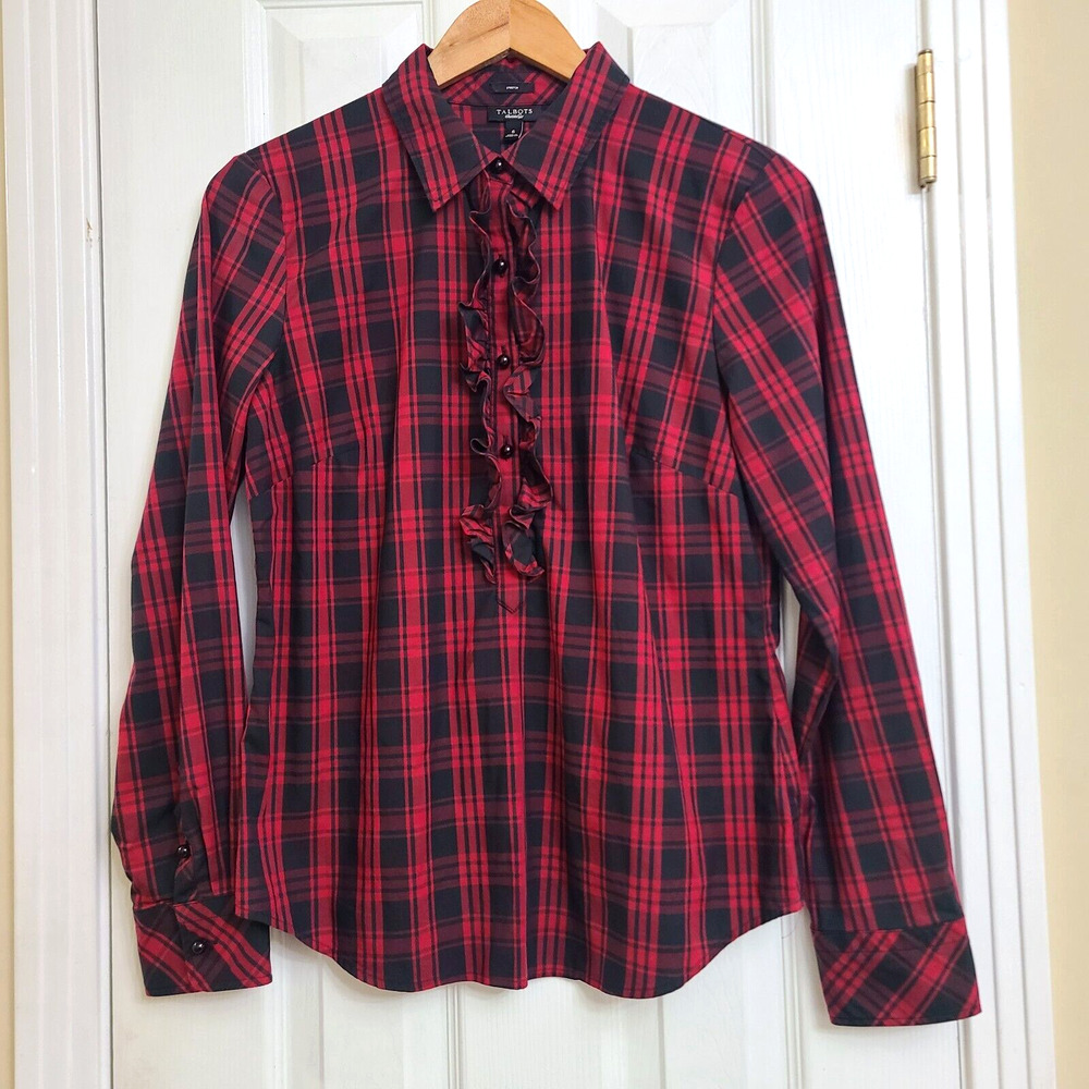 Talbots Stretch Long Sleeve Red Black Plaid Popover Blouse Ruffle Preppy Size 6